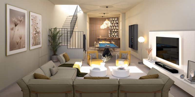 Calagolf by Marinsa – La Cala Golf - bright open-plan living room with sectional sofa, yellow armchairs, pool table and staircase