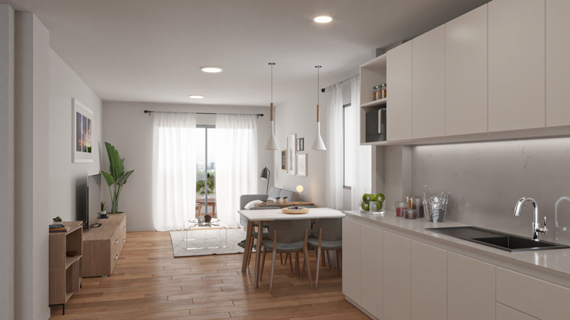 Coral Mijas Residencial – Mijas Costa - open-plan kitchen, dining area and living room with natural light and balcony access