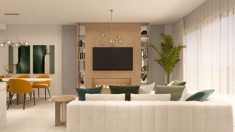 La Cala Valley – La Cala de Mijas - open-plan living room with white sofa, fireplace, built-in shelving and TV wall