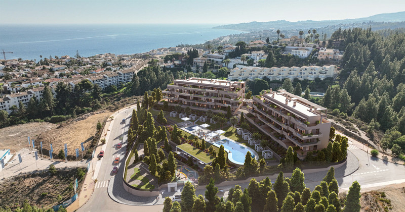 Rayos Del Sol – El Chaparral - aerial view of luxury new-build apartments with pool, landscaped gardens and sea views in Málaga