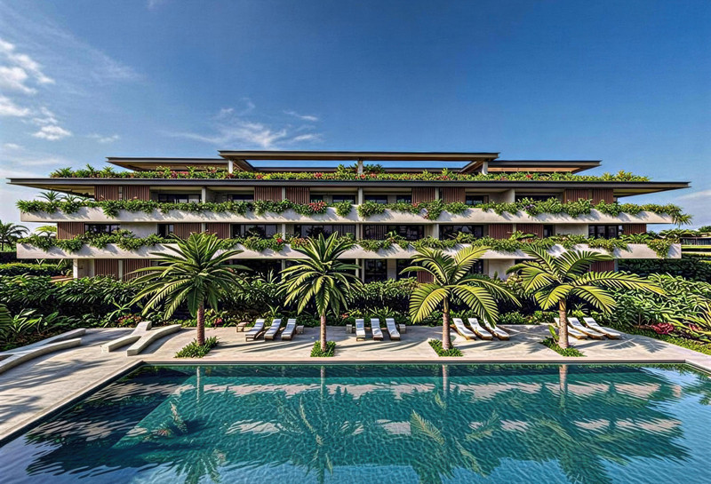 Senora Gardens – Mijas Costa - luxury exterior facade with lush green balconies, tropical gardens, palm trees and outdoor swimming pool