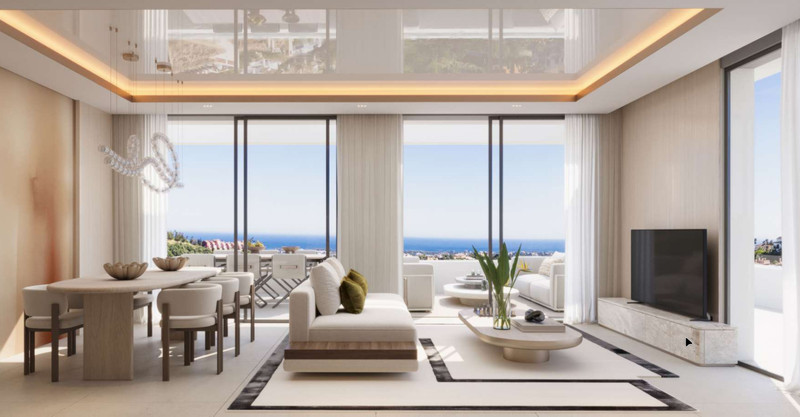 Senora Gardens – Mijas Costa - bright open-plan living and dining room with floor-to-ceiling glass doors and panoramic sea views
