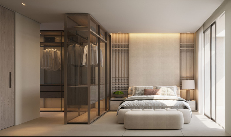 Senora Gardens – Mijas Costa - luxury bedroom with glass walk-in wardrobe, upholstered bench, and slatted wood feature wall