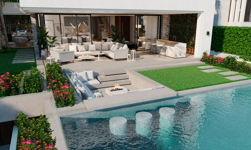 7 Diamonds Villas – La Capellania - luksuriøs uteterrasse med pool, ildsted og åpen stue i bakgrunnen