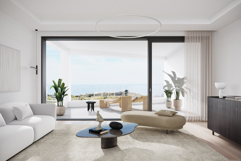 Aalto Residences – Riviera del Sol - lys åpen stue med panoramautsikt over havet og tilgang til terrasse