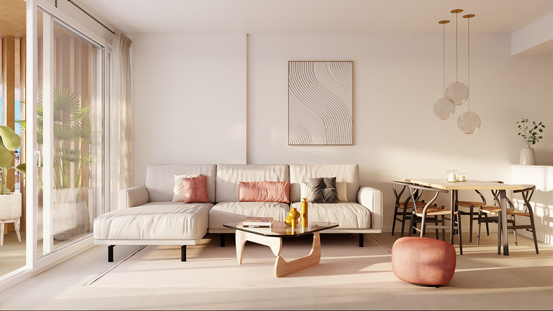 Alcaidesa Homes Phase II – La Alcaidesa - lys åpen stue og spisestue med hvit sofa og pendellamper