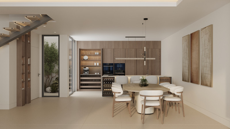 Alcantara del Mar Townhouses – San Pedro de Alcántara - open-plan dining kitchen with wine cooler and wooden cabinetry