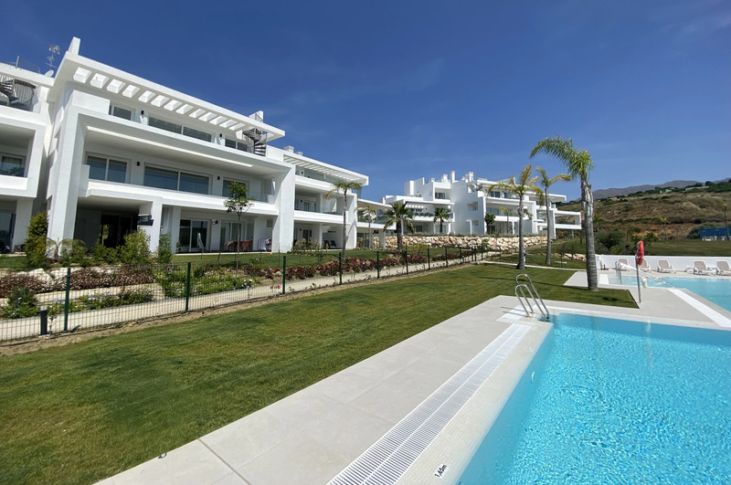 Alcazaba Lagoon IV – Casares - moderne leilighetsbygg med stor felles pool, velstelt plen og palmetrær