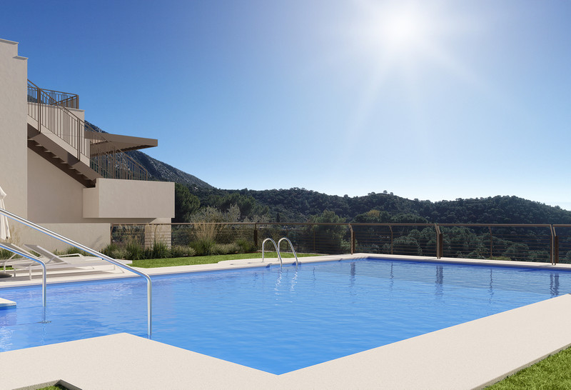 Almazara Forest + Gardens – Istán - outdoor swimming pool with mountain backdrop and modern residential building