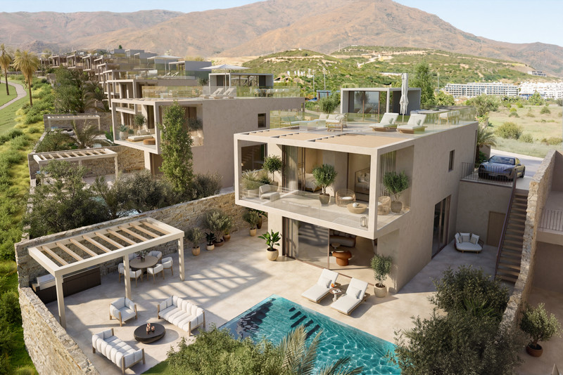 Amaris – Estepona - aerial view of luxury villa with private pool, rooftop terrace, pergola and mountain backdrop