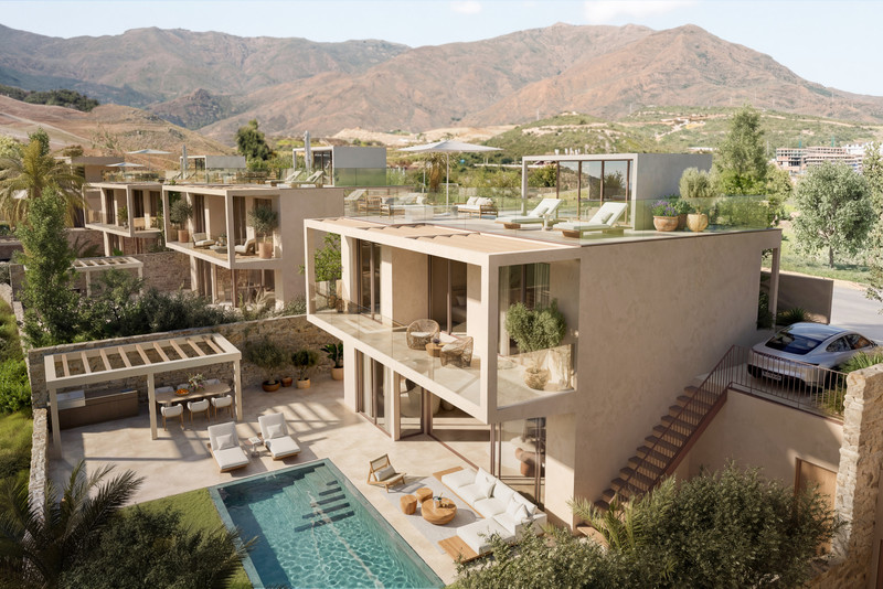 Amaris – Estepona - luxury new-build villa exterior with private pool, rooftop terrace, and mountain backdrop
