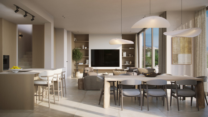Amaris – Estepona - open-plan living and dining area with pendant lights and built-in shelving