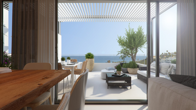 Arrecife – Casares - åpen innendørsterrasse med pergola, utendørslounge og panoramautsikt over havet