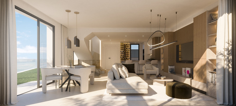 Benjamin's Dream – Calahonda - bright open-plan living and dining area with large glazed doors, pendant lighting, and wooden wall panelling