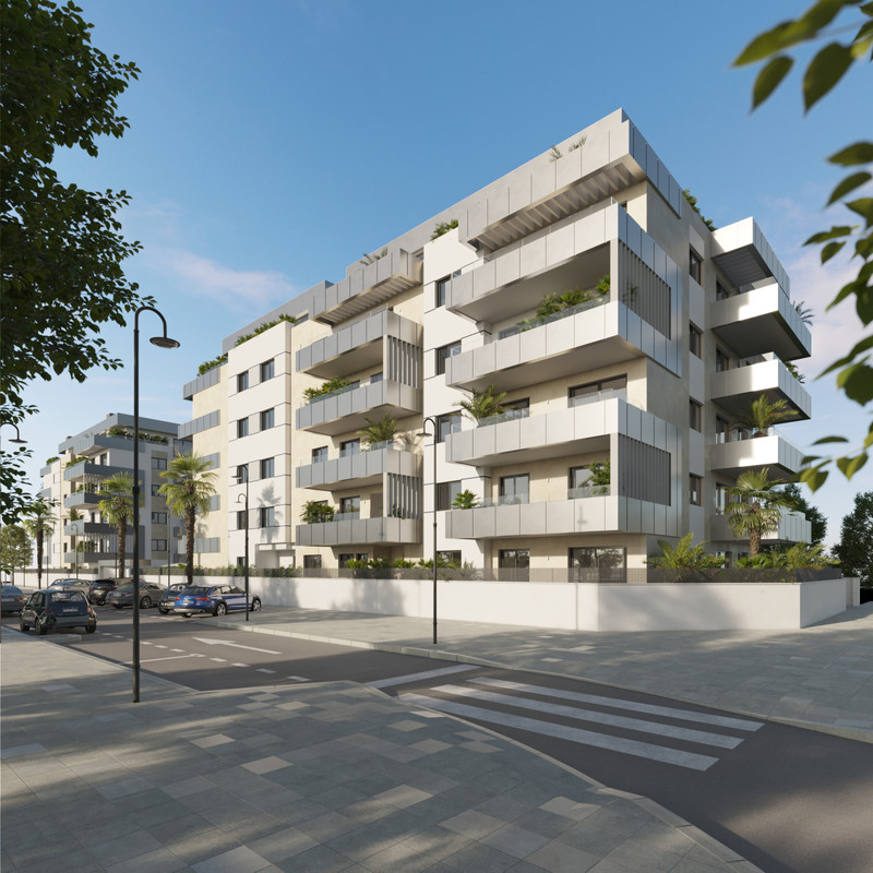 Biznaga – Las Lagunas - modern white residential facade with balconies, palm trees and landscaped street frontage in Málaga