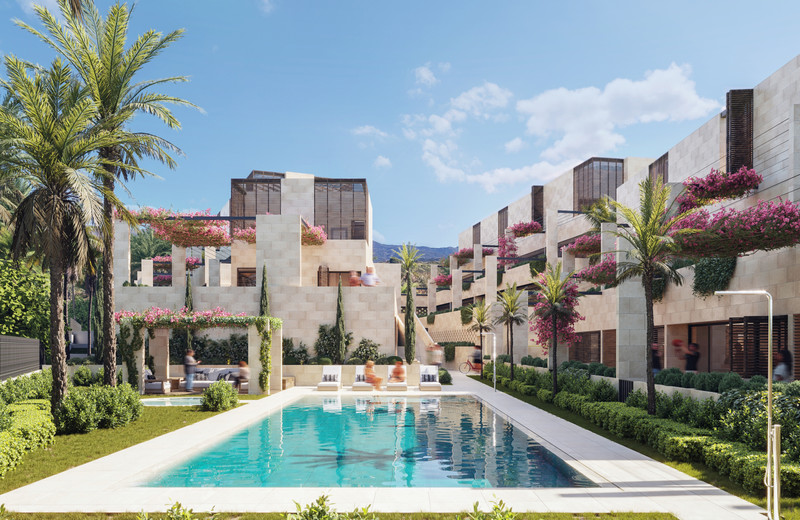 Bougainvillea Estepona – New Golden Mile - luksuriøst boligkompleks med felles basseng, palmetrær og bougainvillea-kledde terrasser