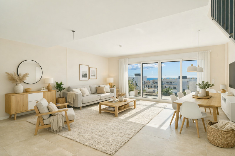 Cala Serena Village – La Cala de Mijas - lys åpen stue og spisestue med havutsikt