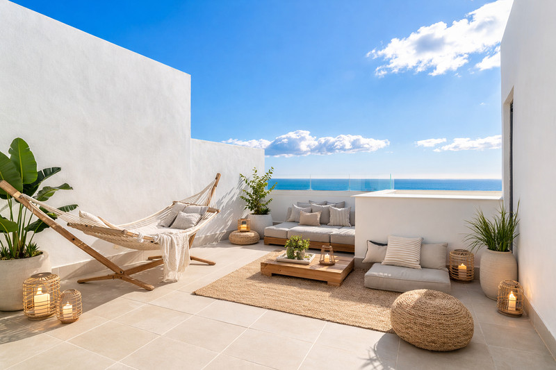 Cala Serena Village – La Cala de Mijas - solrik takterrasse med hengekøye, loungemøbler og havutsikt