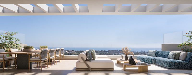 Capri – Fase 3 – Estepona - luxury terrace with sea views, outdoor lounge, dining area and pergola on the Costa del Sol