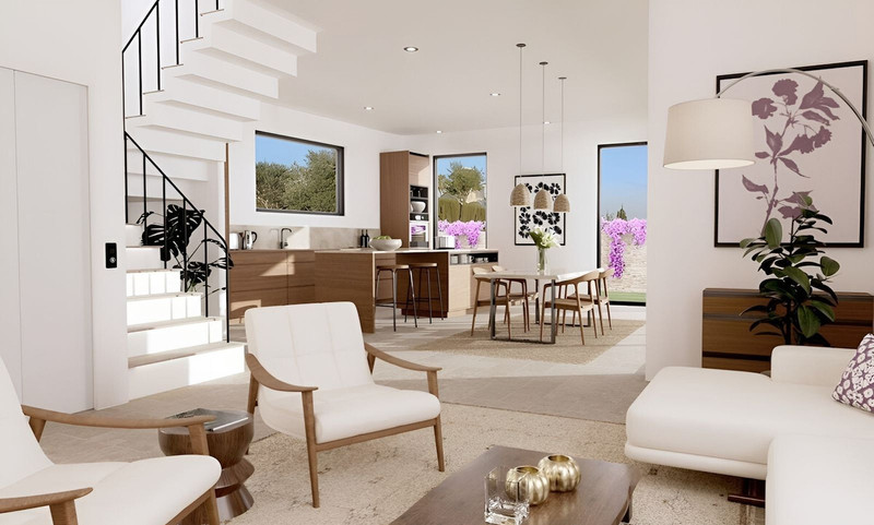 Casa 3 – Bougaivillea Rosa – Torreblanca - lys åpen stue og spisestue med moderne trapp og kjøkken
