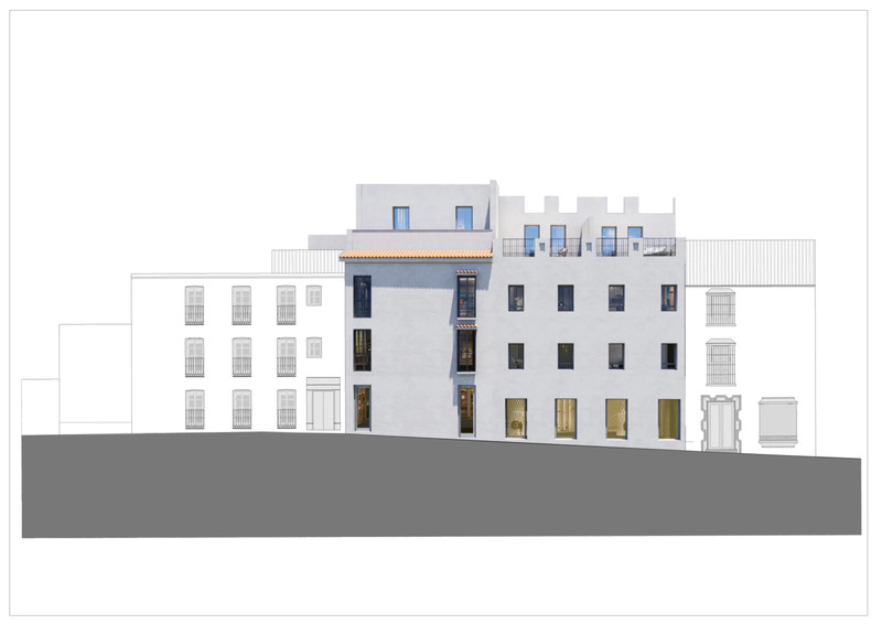 Casa Gloria – Marbella - architectural elevation drawing showing white multi-storey facade with rooftop terrace
