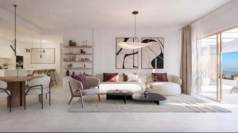 Celestia Homes – Estepona - lyst åpent stue- og spiseområde med buet sofa, terrasse og havutsikt