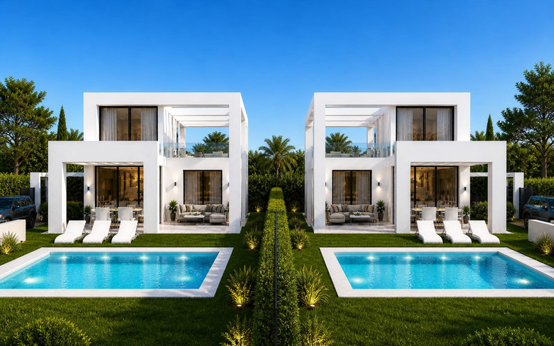 Cerrado Heights – Mijas Costa - to moderne hvite villaer med private bassenger, solstoler og velstelte hager i skumringen