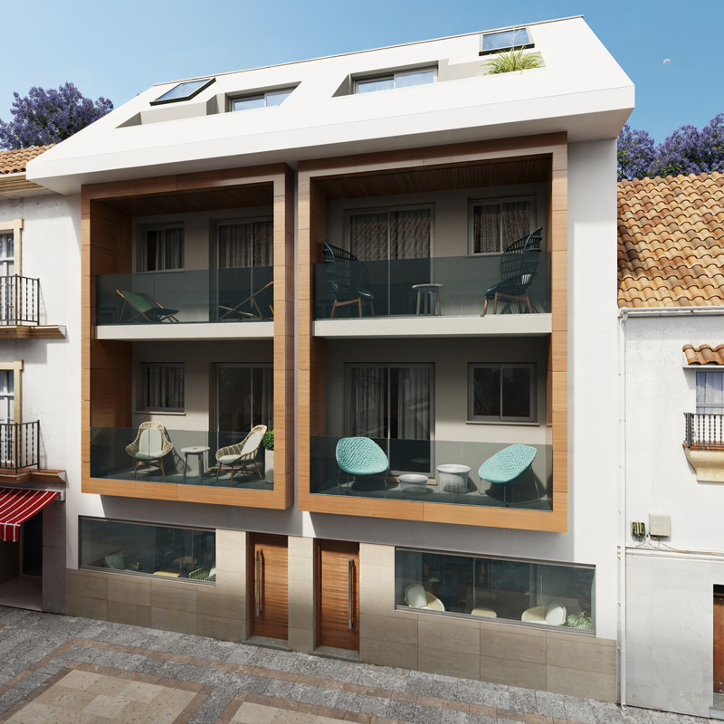 Edificio Perseo – Fuengirola - moderne nybyggfasade med glassbalkonger og treinnrammede terrasser i Fuengirola