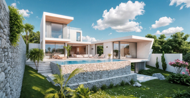 Elara Residences – La Cala de Mijas - moderne hvit villaeksterior med infinity-basseng, steinterrasser og frodig hage