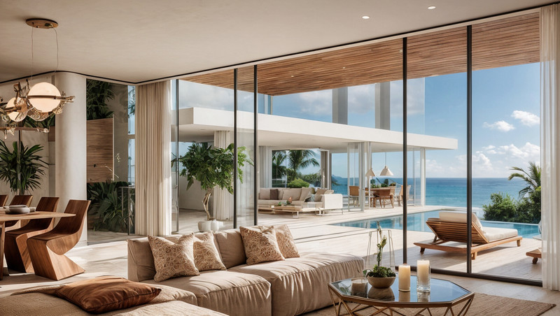 Elara Residences – La Cala de Mijas - lyst åpent stueplan med gulv-til-tak glassdører mot terrasse, basseng og sjøutsikt