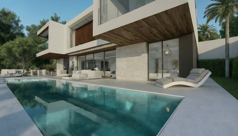 Europa Nova – Mijas - moderne luksusvilla med uendelighetsbasseng, solstoler og åpen stue bak gulv-til-tak-glass