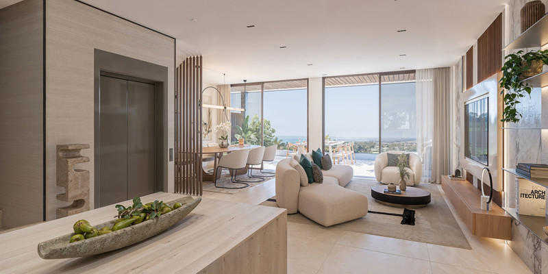 HAIKU Suites – Estepona - åpen stue og spisestue med panoramautsikt over havet og gulv-til-tak glassvegger