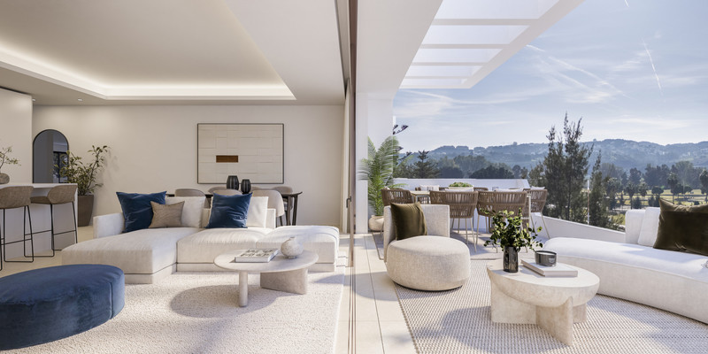 Helvet Green – Mijas - åpen stue med utgang til terrasse og panoramautsikt over fjell og golfbane