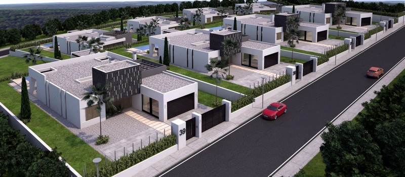 HORIZON LA CALA DE MIJAS – La Cala de Mijas - luftfoto CGI av moderne luksusvilla med flate tak, garasjer og velstelte hager langs en rolig gate