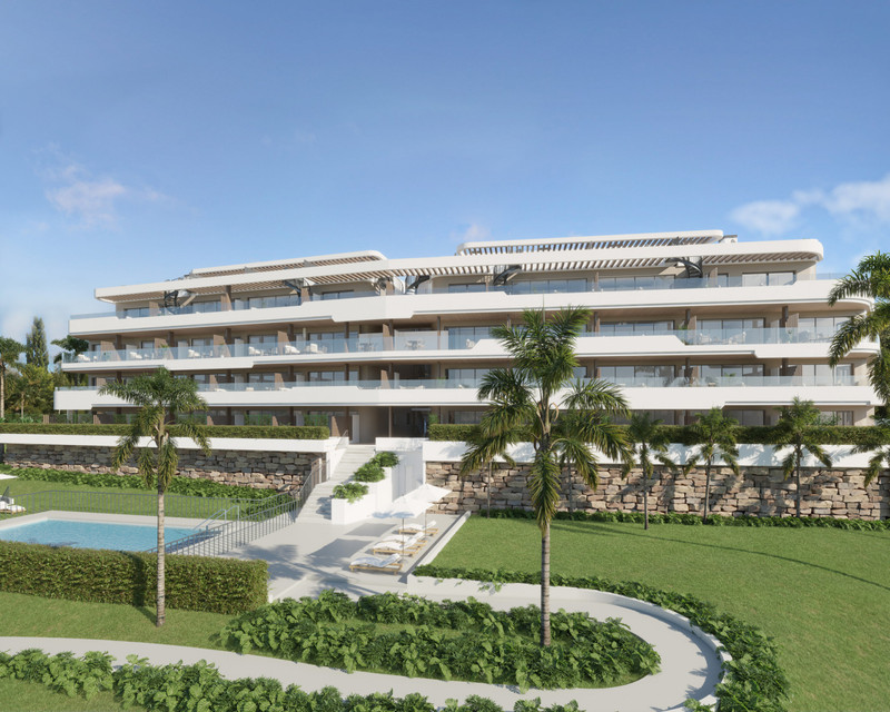 Horizon Views – Manilva - moderne hvit boligbygning med basseng, velstelt hage og palmetrær