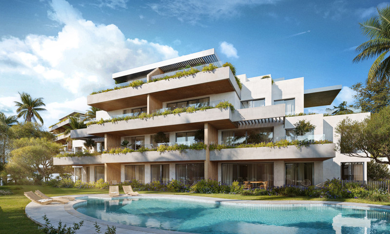 Horizonte Village – The Residences – Mijas - moderne hvit leilighetskompleks med terrasser, frodig grønt og utendørs basseng