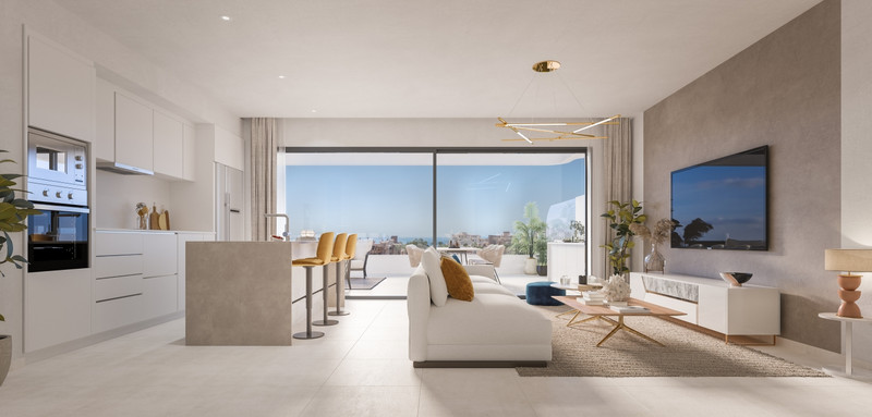 Lagumare41 – Estepona - åpen stue og kjøkkenløsning med store glassdører mot terrassen og havutsikt
