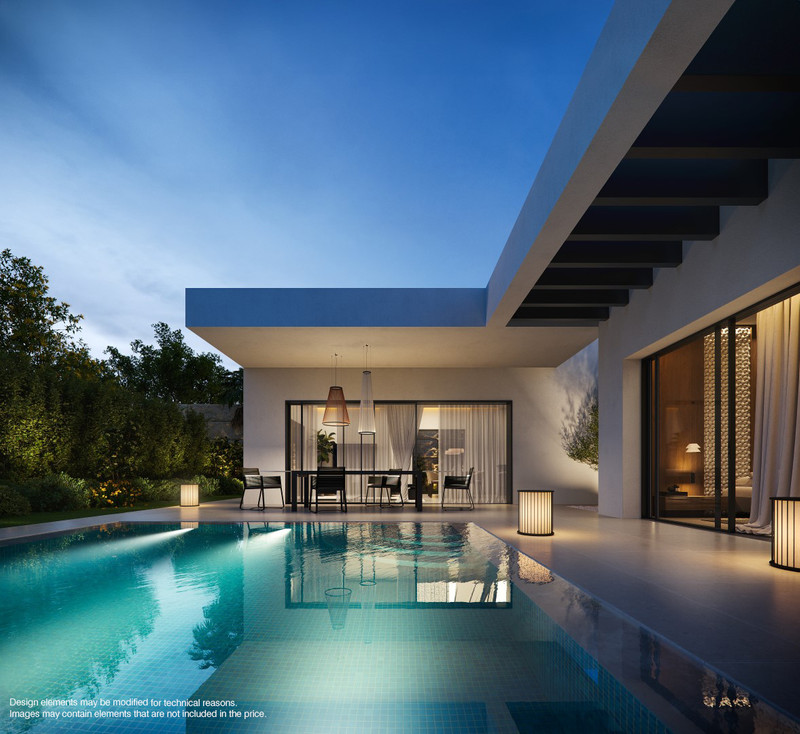 Limitless Resorts – Mijas Hills – Mijas - opplyst utendørsbasseng og terrasse med åpen spiseplass i skumringen