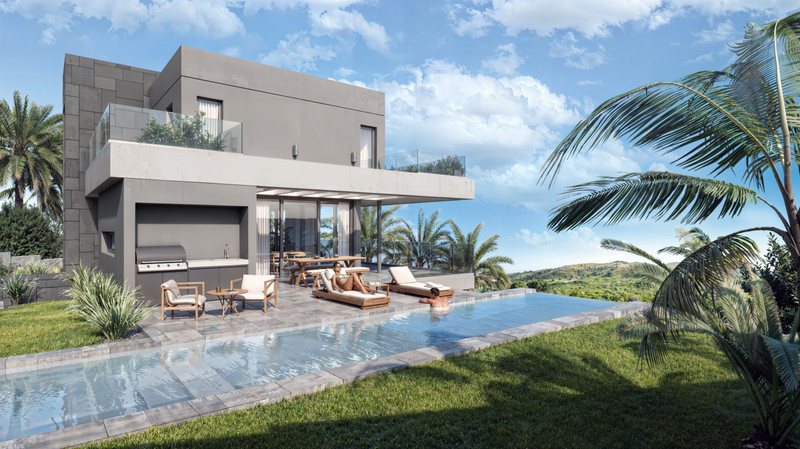 Luxury Golf – Mijas - modern villa exterior with infinity pool, sun loungers, outdoor kitchen and lush garden landscaping