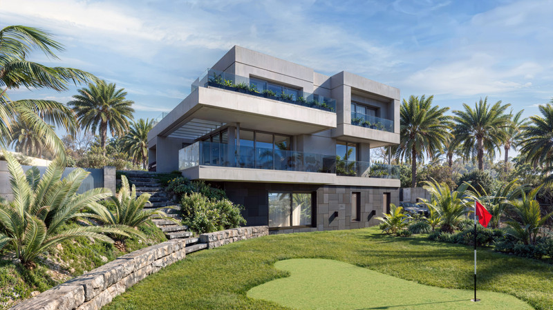 Luxury Golf – Mijas - modern three-storey villa exterior with glass facades, terraces, and private putting green surrounded by palm trees