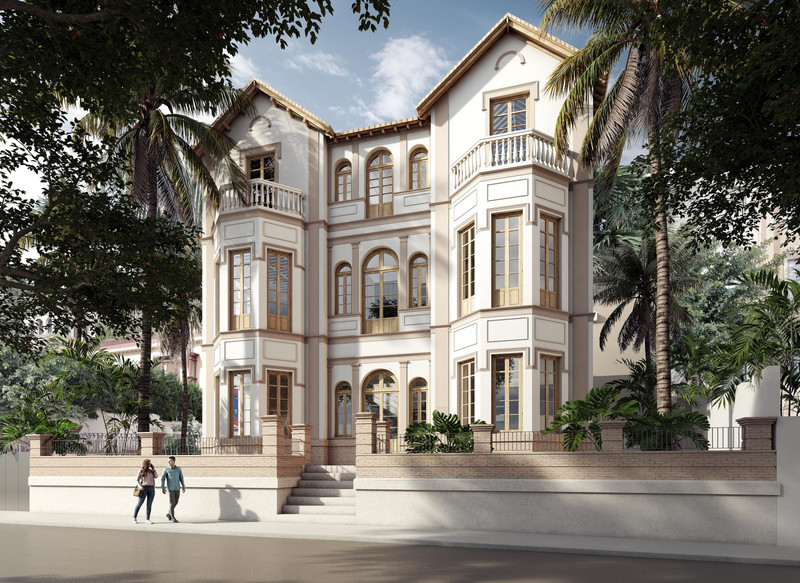 Luxy Sancha – Málaga Este - elegant treeetasjes hvit villafasade med buede vinduer, balkonger og tropiske hager