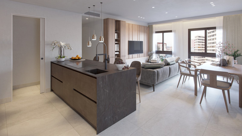 Malaga Centrum – Málaga Centro - open-plan kitchen and living area with dark stone island and city views