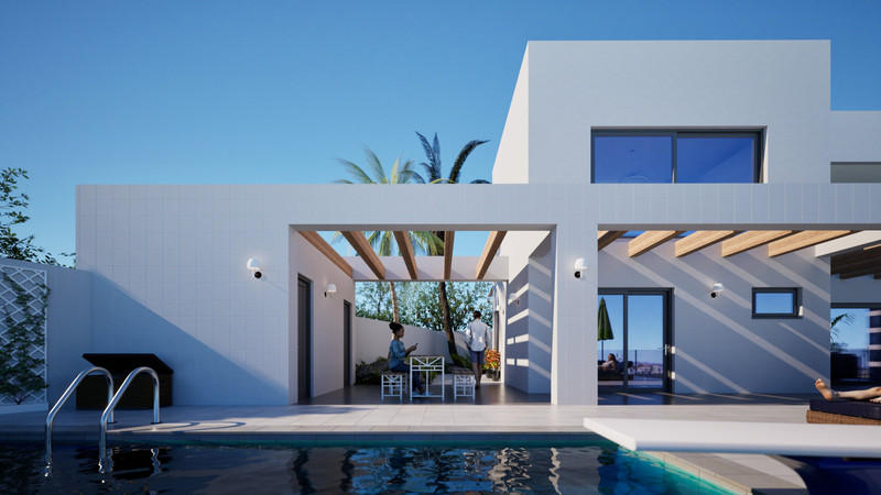 Manzanilla View – Fuengirola - moderne hvit villa med privat basseng, pergola og åpen terrasse under blå himmel