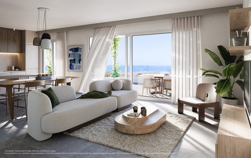Mijas Seaviews – Mijas - lys åpen stue med modulsofa, tresalongbord og havutsikt fra terrassen