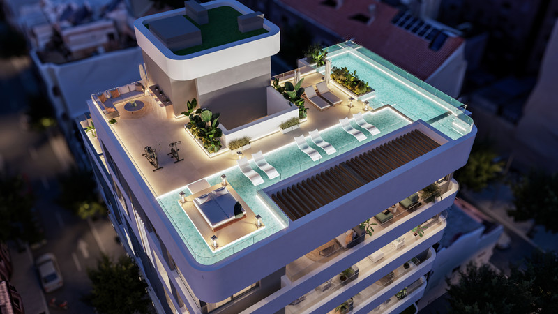 Milabeka – Málaga - takterrasse med infinity-pool, solstoler, utendørs treningssone og belyst terrasse i skumringen