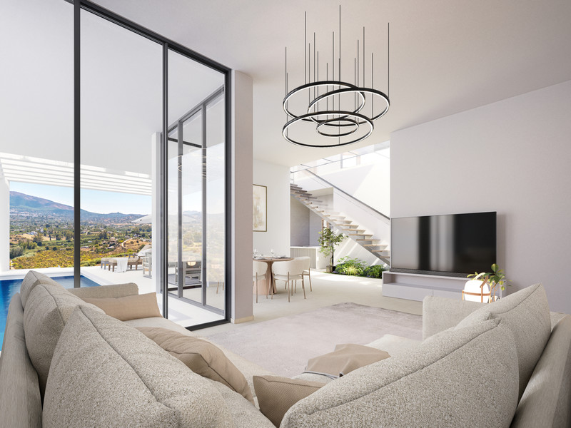 Vista del Rey MIA&AIM – Alhaurín el Grande - lyst åpent stuerom med gulv-til-tak-glass, bassengterrasse og fjellutsikt