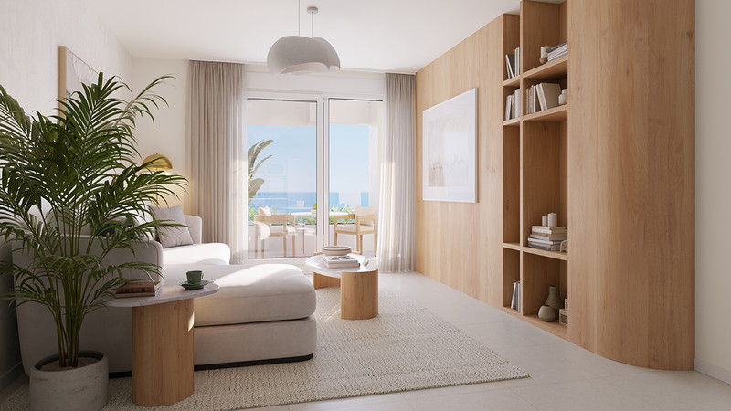 Blossom Hills – Benalmadena - lyst stuerom med hvit sofa, trehyller og sjøutsikt gjennom balkongdører