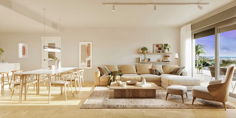 Las Mesas Collection – Estepona - åpen stue og spisestue med havutsikt og naturlig lys