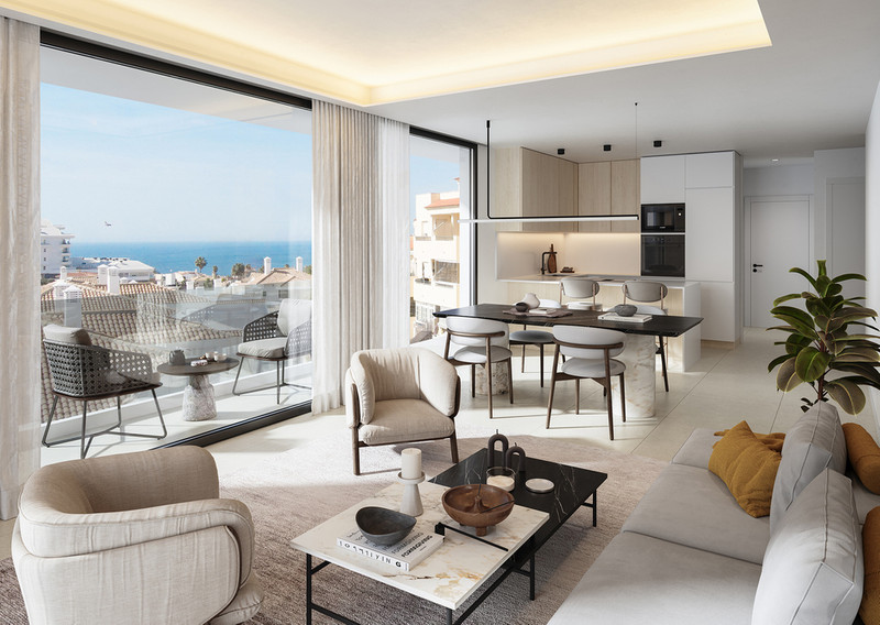 Belvedere Collection – Fuengirola - åpen stue med sjøutsikt, spiseplass og moderne kjøkken