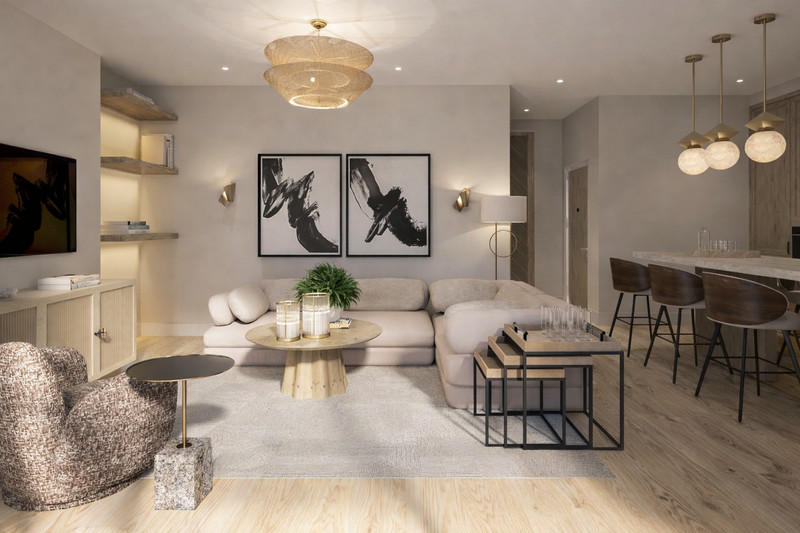 Luna Nova Residences – Leiligheter – Guaro - åpen stue og spisestue med nøytrale toner, sofagruppe og pendelbelysning